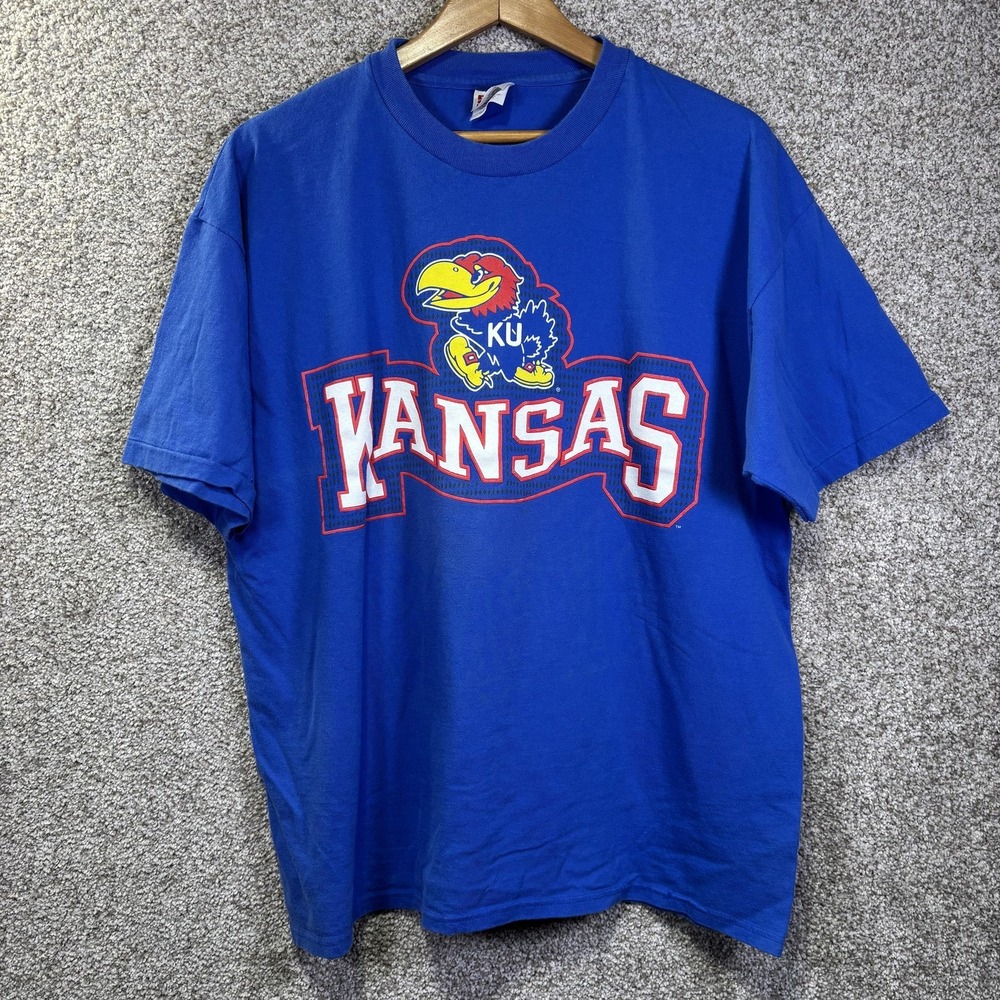 Vintage 90s Kansas Jayhawks‎ Shirt Mens XL Blue NCAA Basketball Hanes Jayhawk
